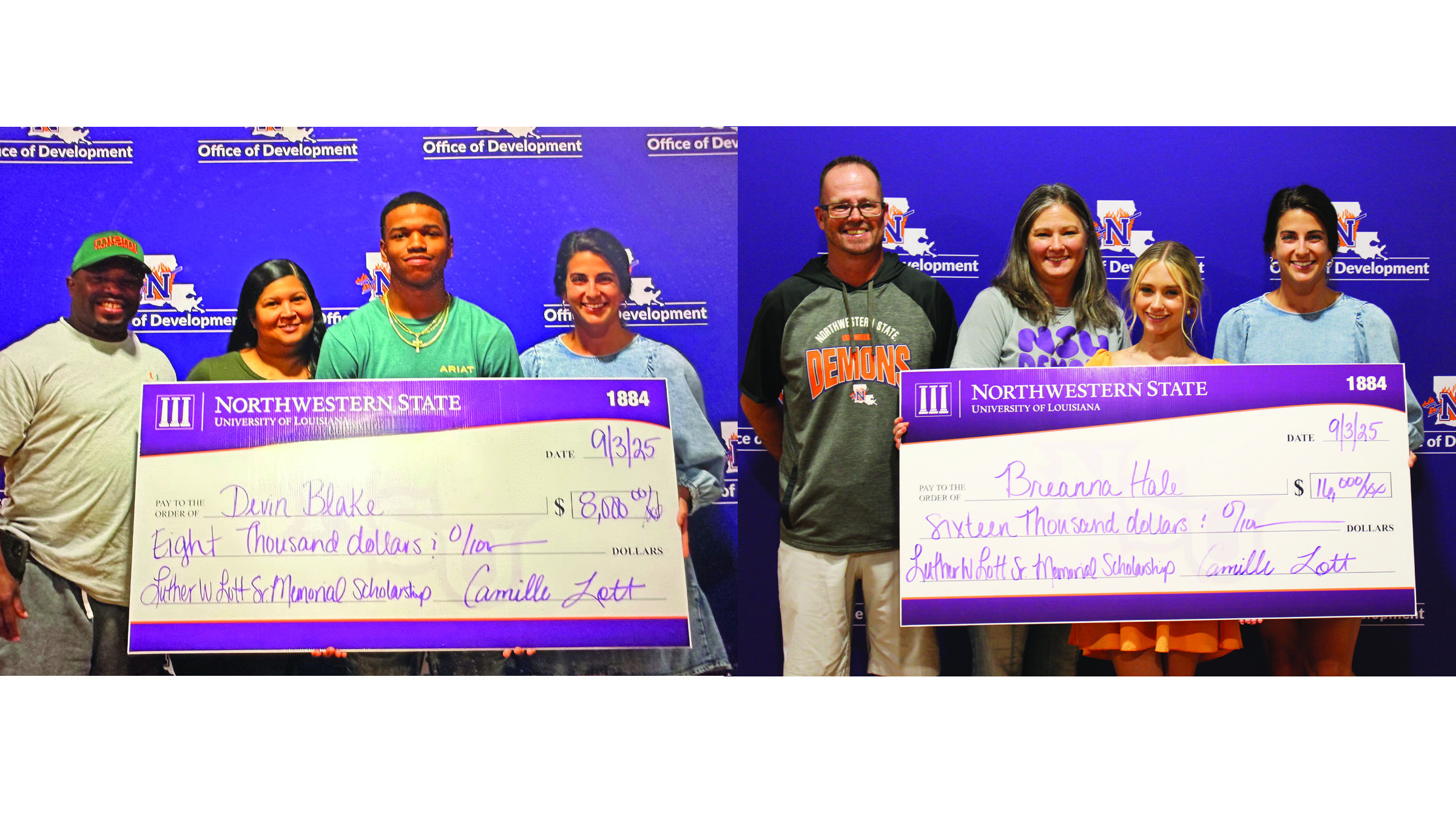 Devin Blake and Breanna Hale are this year’s recipients of the Luther W. Lott Sr. Memorial Scholarship. 1st Photo: From left are Rico, Benita and Devin Blake with Camille Lott, Lott Oil director of Marketing. 2nd Photo: From left are Jeramie, Gwen and Breanna Hale and Camille Lott, Lott Oil director of marketing.